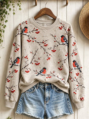 Women's Snowy Winter Eurasian Bullfinch Birds on Branches Print Sweatshirt gracestitchs