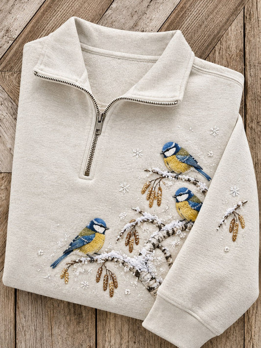 Women's Snowy Winter Blue Tit Birds on Branches Print Zip Up Sweatshirt gracestitchs