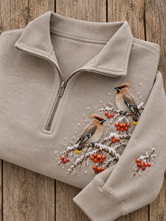Women's Snowy Winter Bohemian Waxwing Birds on Branches Print Zip Up Sweatshirt gracestitchs