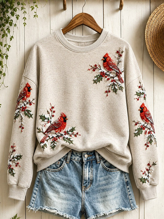 Women's Snowy Winter Red Cardinal Birds on Branches Print Sweatshirt gracestitchs