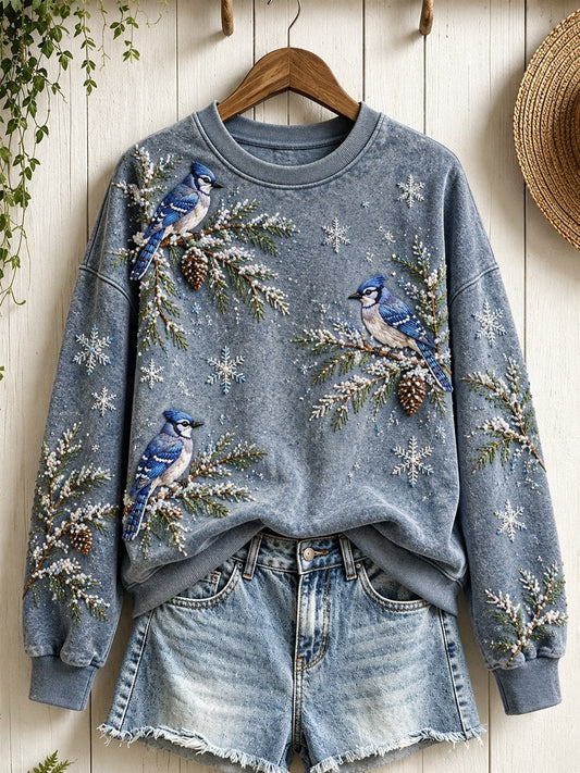 Women's Snowy Winter Blue Jay Birds on Branches Print Sweatshirt gracestitchs