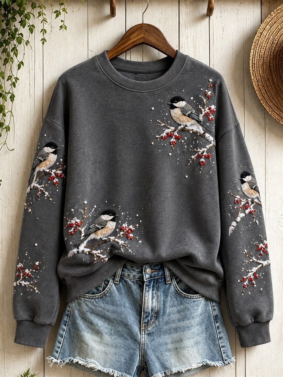 Women's Snowy Winter Black-capped Chickadee Birds on Branches Print Sweatshirt gracestitchs