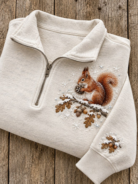 Women's Snowy Winter Forest Squirrel Print Zip Up Sweatshirt gracestitchs