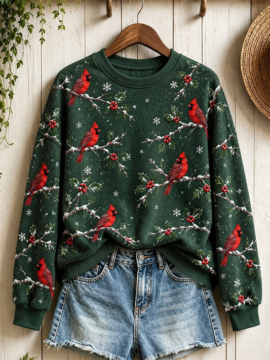 Women's Snowy Winter Red Cardinal Birds on Branches Print Sweatshirt gracestitchs