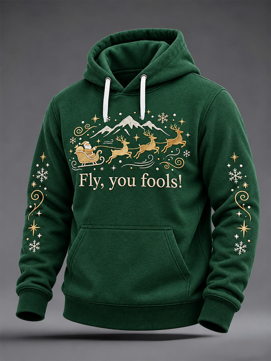 Men's Christmas Fly You Fools Print Oversized Drop-Shoulder Hoodie with Pockets gracestitchs