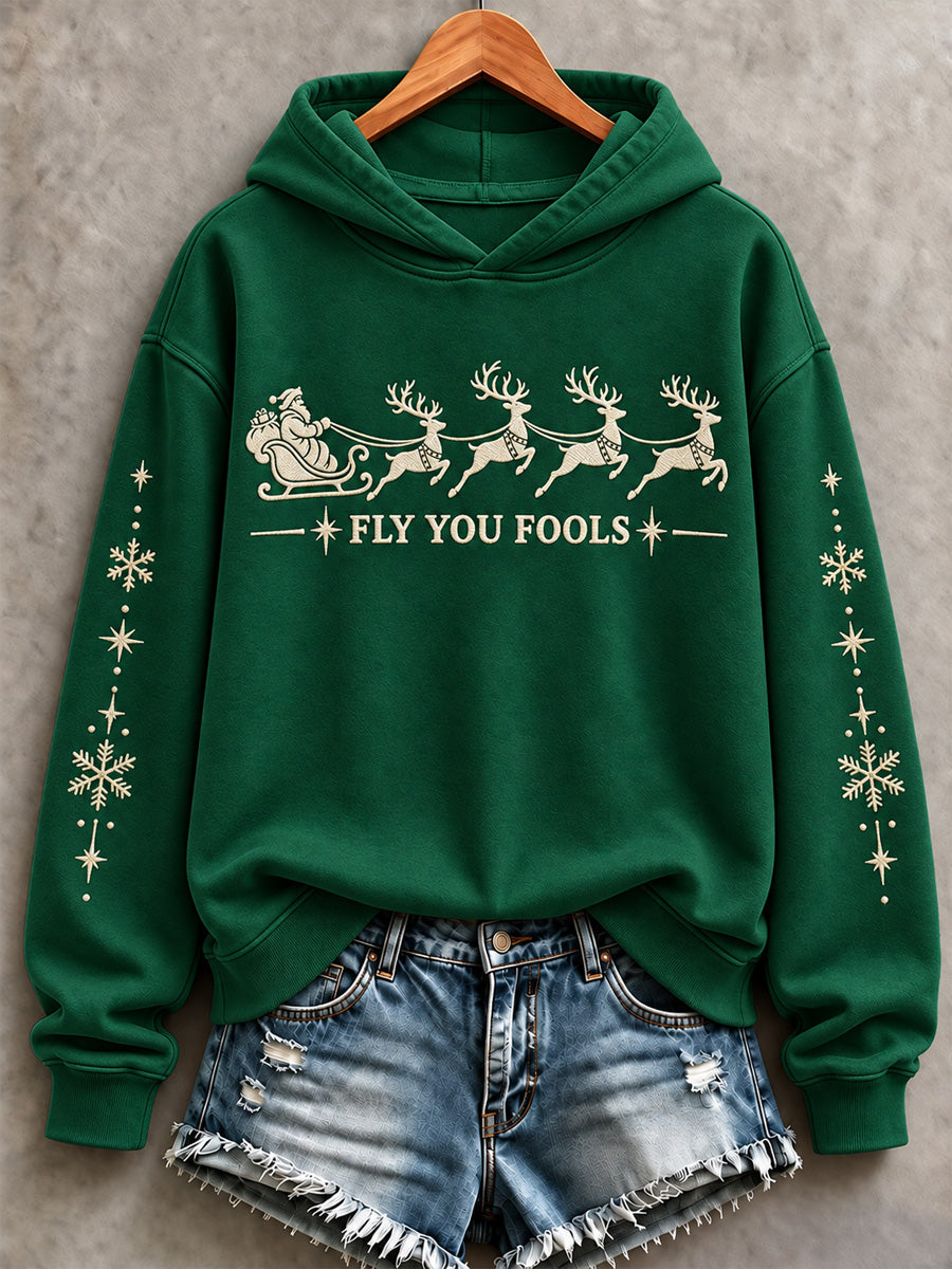 Women's Christmas Fly You Fools Print Hoodie gracestitchs