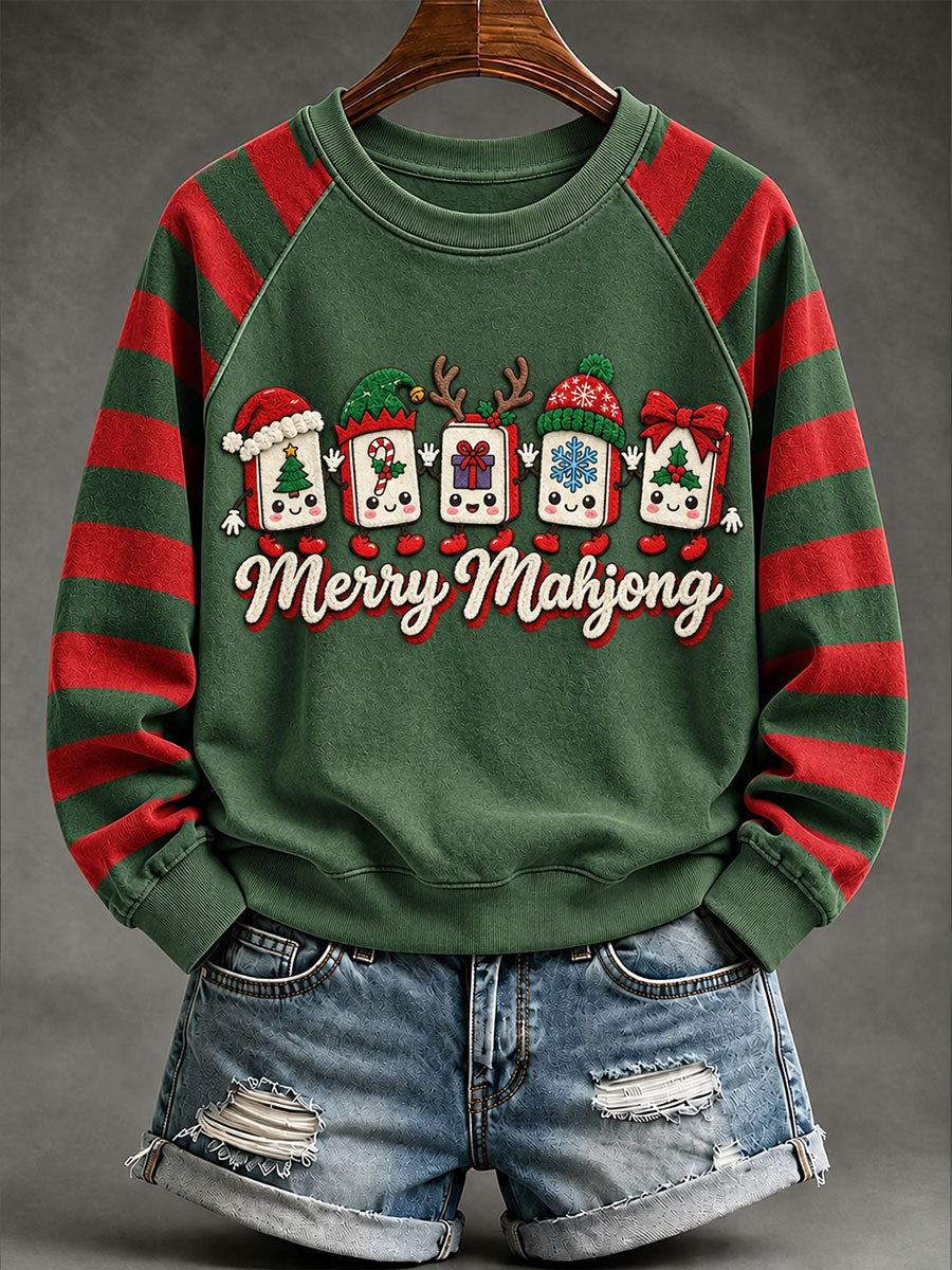 Women's Christmas Mahjong Print Casual Sweatshirt gracestitchs