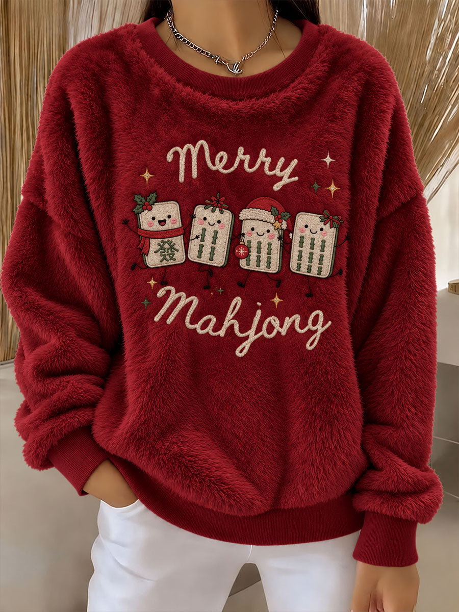 Women's Christmas Mahjong Print Casual Flannel Hoodie gracestitchs