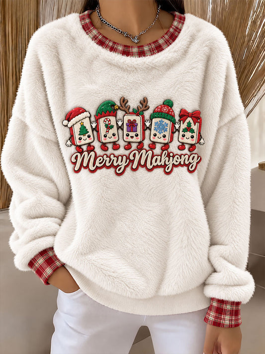 Women's Christmas Mahjong Print Casual Flannel Hoodie gracestitchs