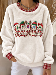 Women's Christmas Mahjong Print Casual Flannel Hoodie gracestitchs
