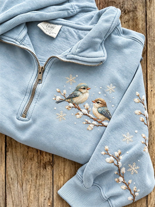 Women's Winter Blue Tit Pattern Casual Half-Zip Sweatshirt gracestitchs