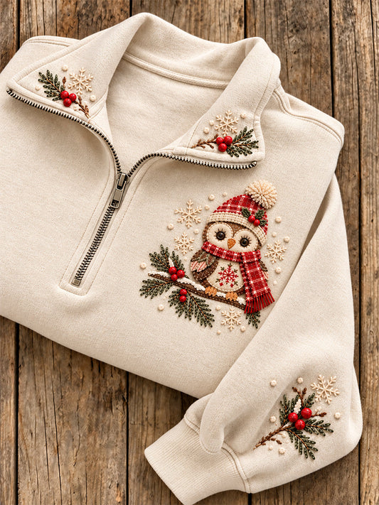 Women's Snowy Winter Stitchy Owl On Branch Print Zip Up Sweatshirt gracestitchs