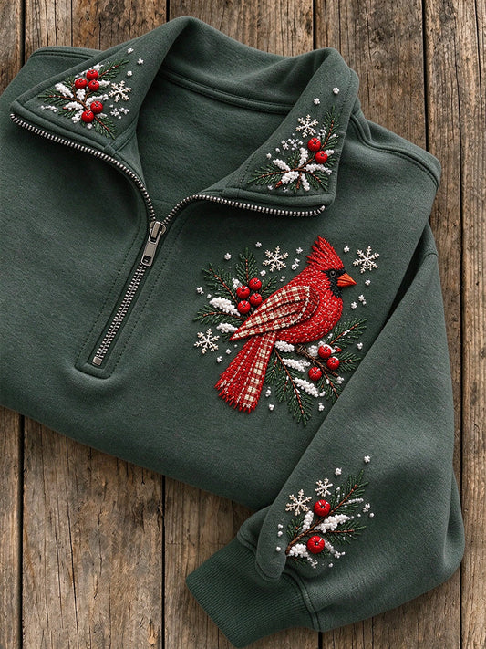 Women's Snowy Winter European Robin On Branch Print Zip Up Sweatshirt gracestitchs