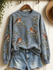 Women's Snowy Winter European Robin Birds on Branches Print Sweatshirt gracestitchs