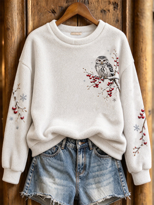 Women's Winter Owl Pattern Casual Flannel Sweatshirt gracestitchs