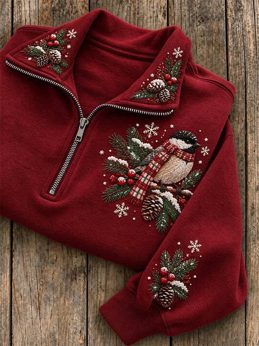 Women's Snowy Winter Black-capped Chickadee On Branch Print Zip Up Sweatshirt gracestitchs