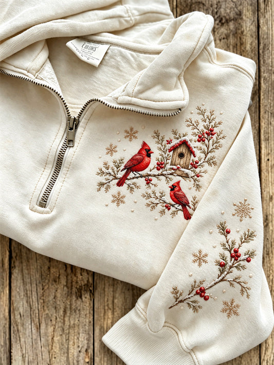 Women's Winter Red Cardinal Pattern Casual Half-Zip Sweatshirt gracestitchs
