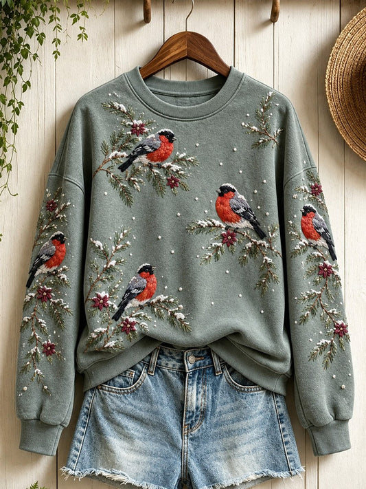 Women's Snowy Winter Eurasian Bullfinch Birds on Branches Print Sweatshirt gracestitchs