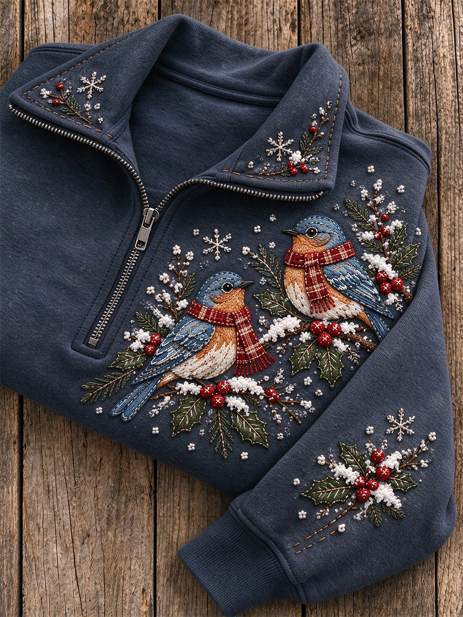 Women's Snowy Winter Bluebird On Branch Print Zip Up Sweatshirt gracestitchs