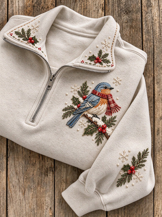 Women's Snowy Winter Stitchy Bluebird On Branch Print Zip Up Sweatshirt gracestitchs