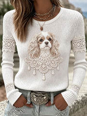 Women's Cavalier King Charles Spaniel-Print Waffle-Knit T-Shirts gracestitchs