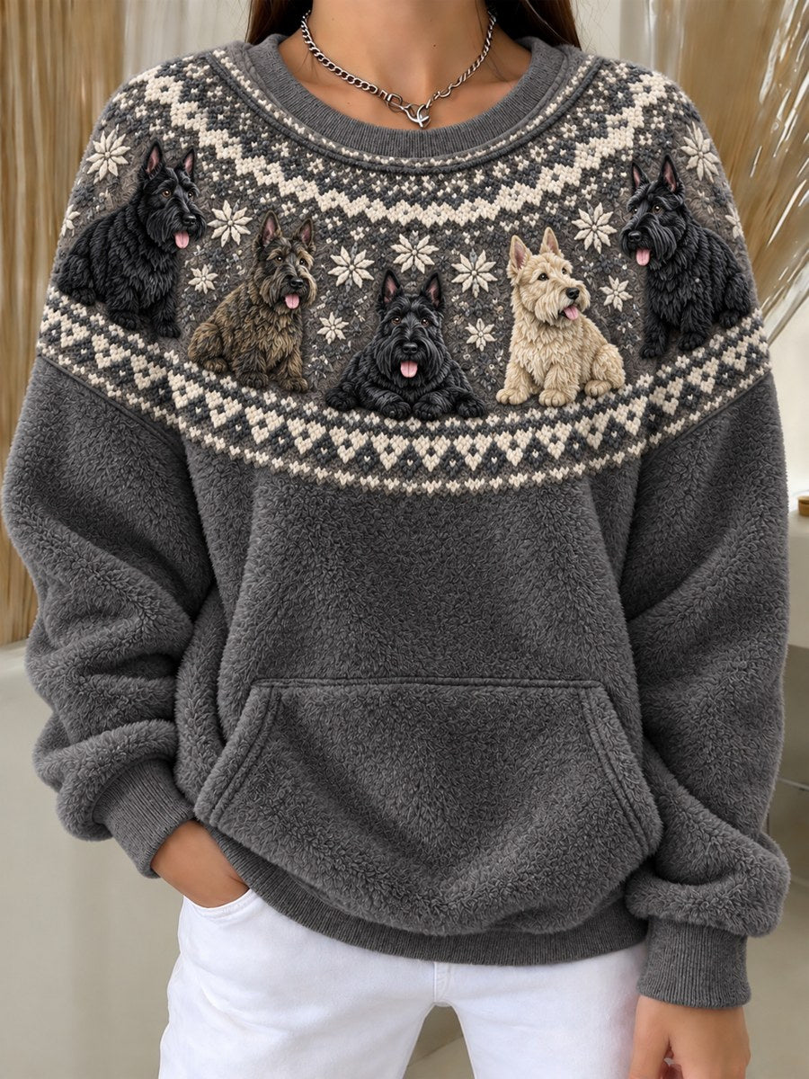 Women's Vintage Scottish Terrier Dogs Yoke Isle Pattern Print Cozy Flannel Sweatshirt gracestitchs