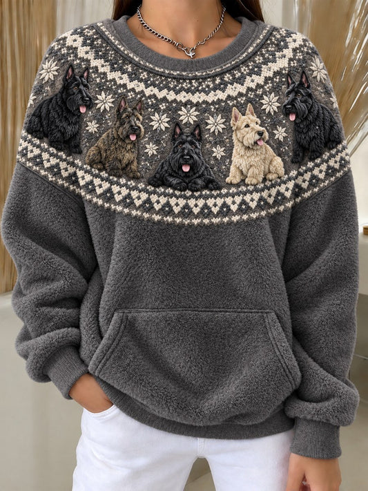 Women's Vintage Scottish Terrier Dogs Yoke Isle Pattern Print Cozy Flannel Sweatshirt gracestitchs