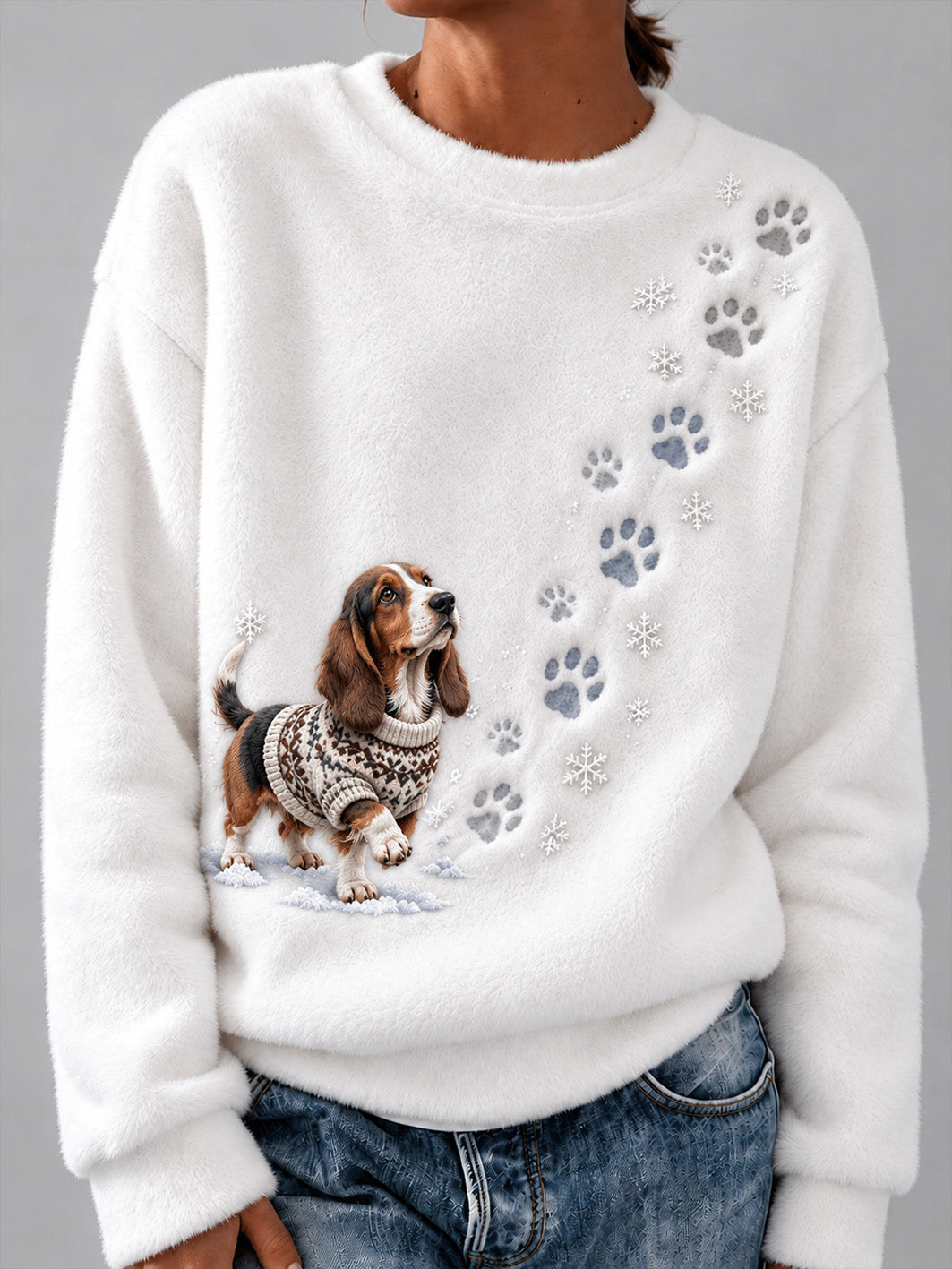 Women's Winter Basset Hound Pattern Causal Flannel Sweatshirt gracestitchs