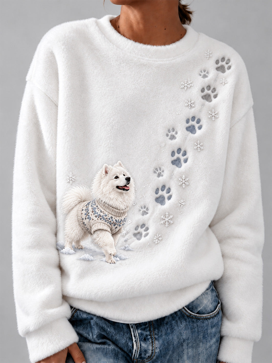 Women's Winter Samoyed Pattern Causal Flannel Sweatshirt gracestitchs
