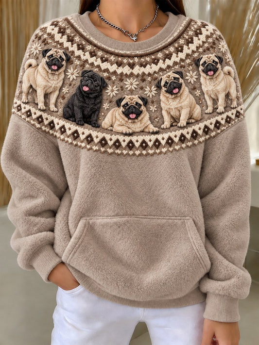 Women's Vintage Pug Dogs Yoke Isle Pattern Print Cozy Flannel Sweatshirt gracestitchs