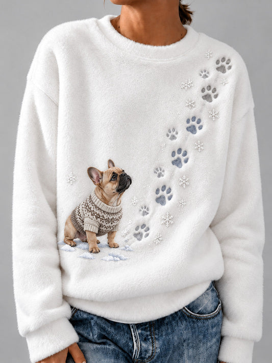 Women's Winter French Bulldog Pattern Causal Flannel Sweatshirt gracestitchs