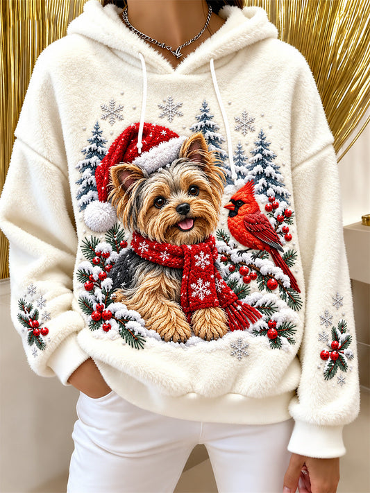 Women's Christmas Dog Print Flannel Hoodie gracestitchs
