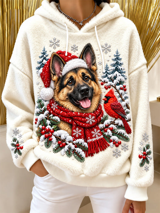Women's Christmas Dog Print Flannel Hoodie gracestitchs