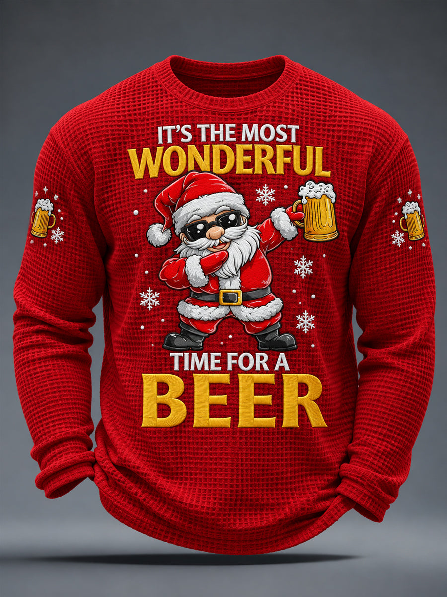 Men's Funny Christmas Santa Claus It‘s The Most Wonderful Time For A Beer Print Casual Waffle Long Sleeve T-Shirt gracestitchs
