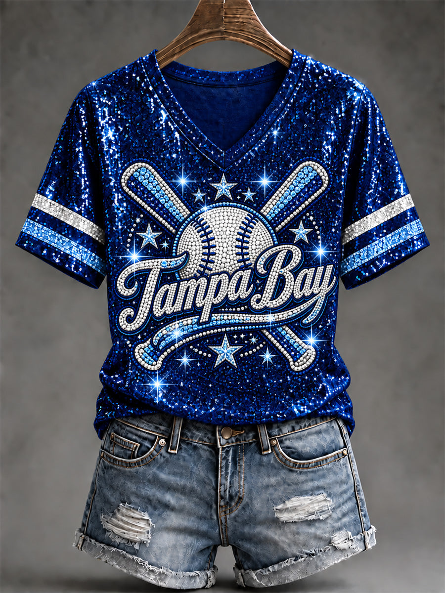 Women's Tampa Bay Baseball Lover Print V-Neck Tee gracestitchs