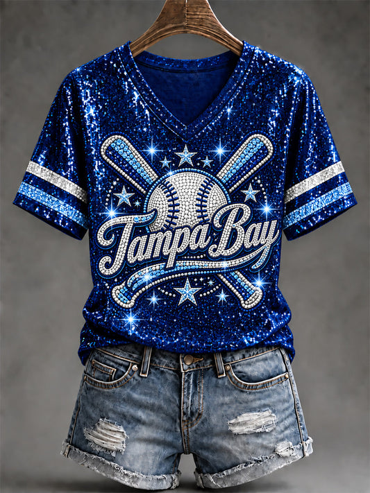 Women's Tampa Bay Baseball Lover Print V-Neck Tee gracestitchs