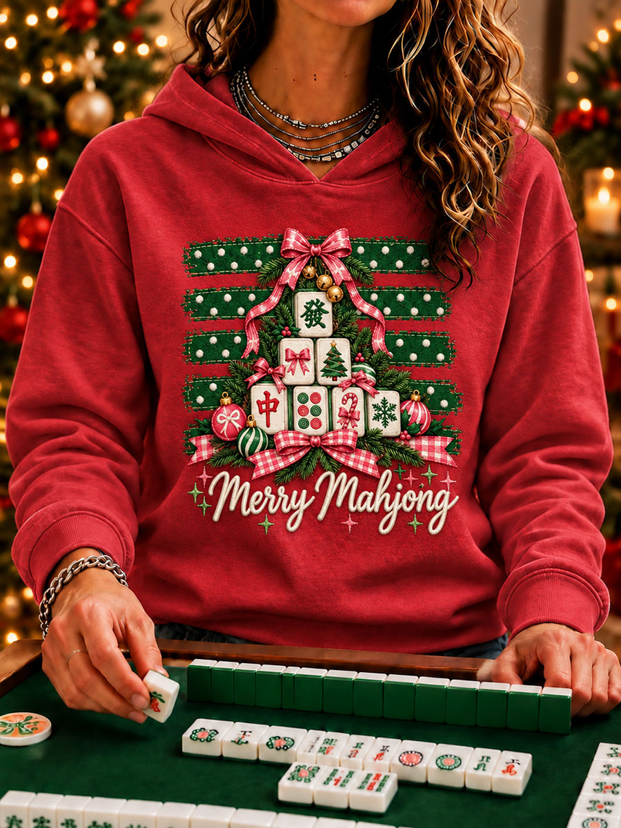 Women's Christmas Mahjong Print Casual Hoodie gracestitchs