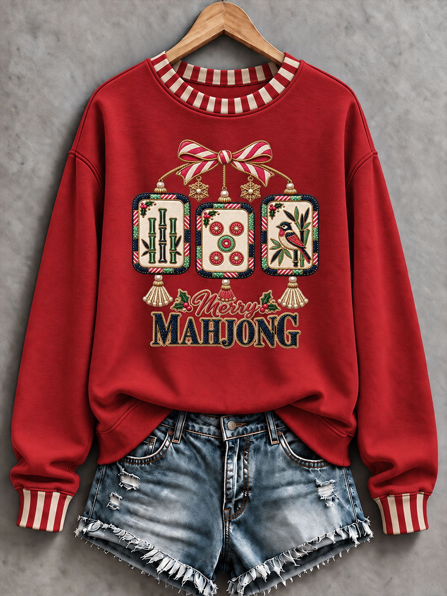 Women's Christmas Mahjong Print Casual Sweatshirt gracestitchs