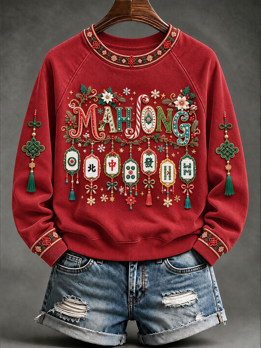Women's Christmas Mahjong Print Casual Sweatshirt gracestitchs