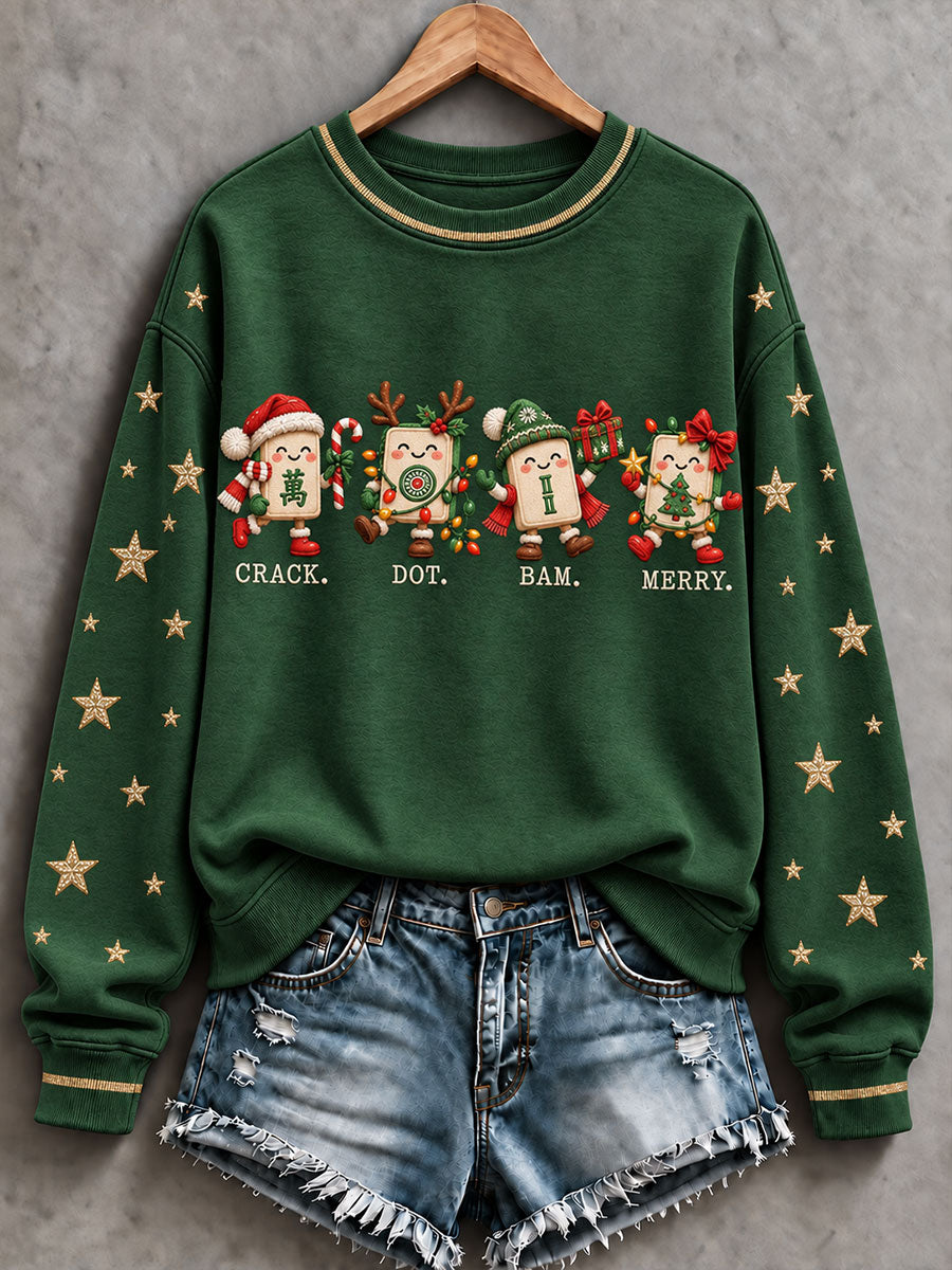 Women's Christmas Mahjong Print Casual Sweatshirt gracestitchs