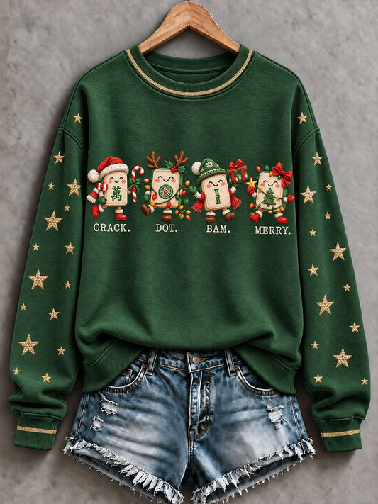 Women's Christmas Mahjong Print Casual Sweatshirt gracestitchs