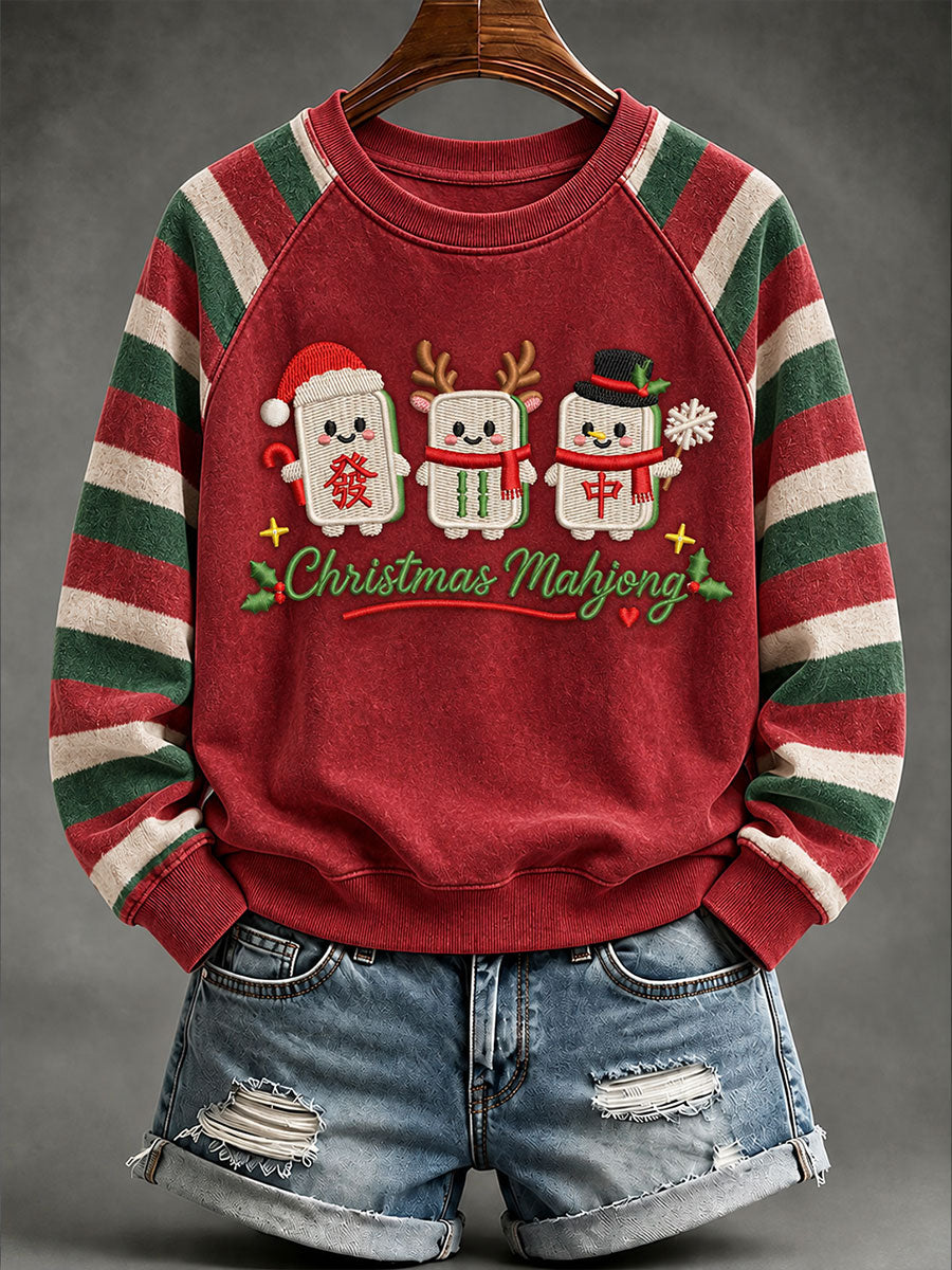 Women's Christmas Mahjong Print Casual Sweatshirt gracestitchs