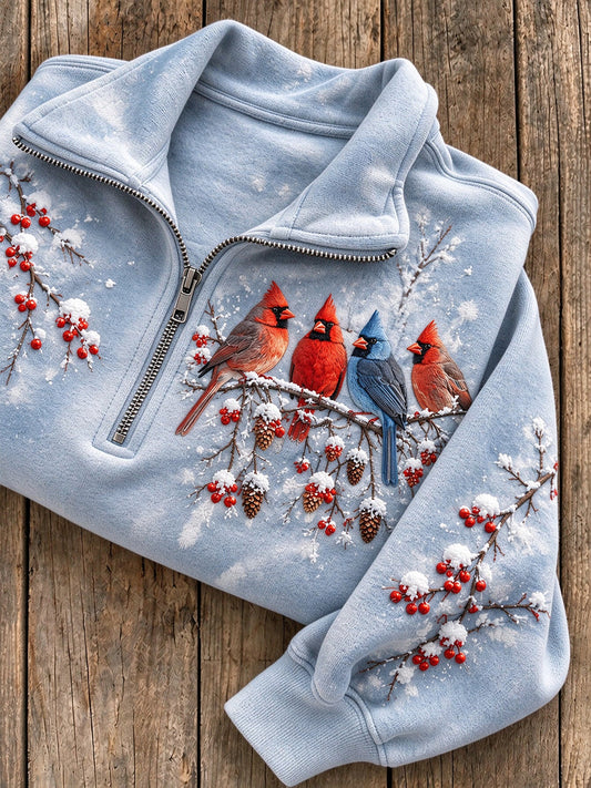 Women's Snowy Winter Red Cardinals On Branch Print Zip Up Sweatshirt gracestitchs