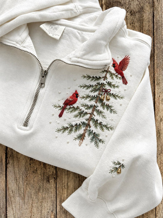 Women's Snowy Winter Christmas Tree & Red Cardinals Print Zip Up Sweatshirt gracestitchs