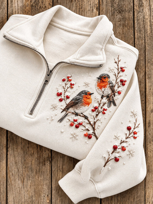 Women's Snowy Winter Robins On Branch Print Zip Up Sweatshirt gracestitchs