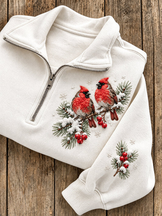 Women's Winter Cardinal Pattern Casual Half-Zip Sweatshirt gracestitchs