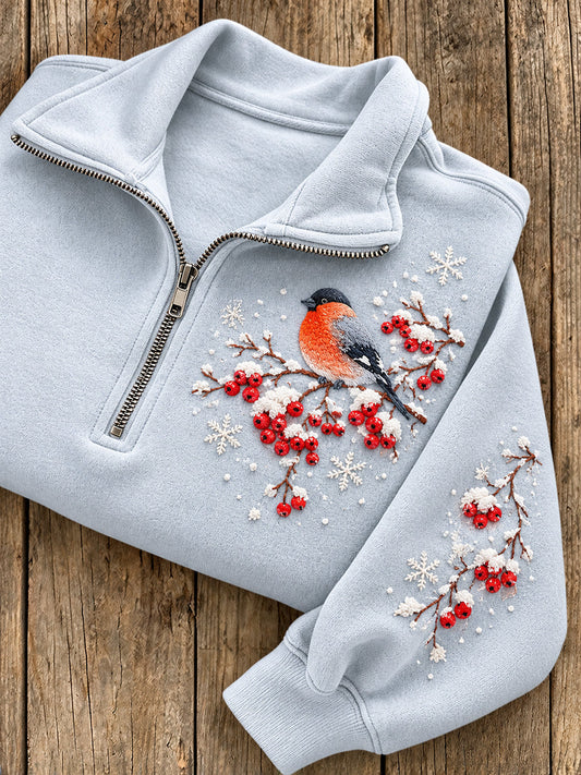 Women's Winter Bullfinch Pattern Casual Half-Zip Sweatshirt gracestitchs