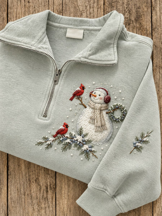 Women's Snowy Winter Snowman & Red Cardinals Print Zip Up Sweatshirt gracestitchs