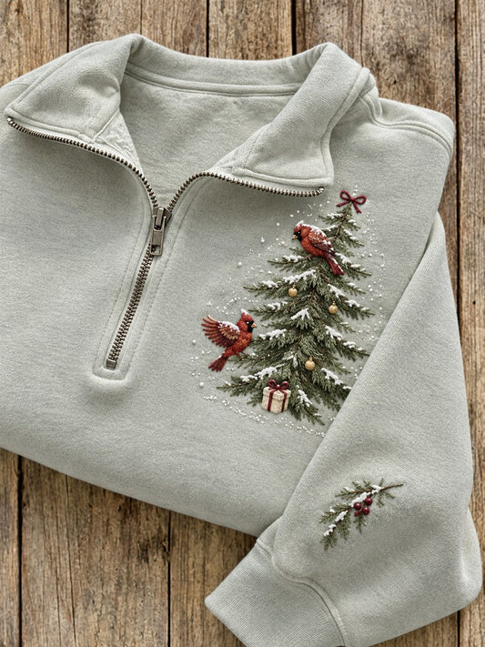 Women's Snowy Winter Christmas Tree & Red Cardinals Print Zip Up Sweatshirt gracestitchs