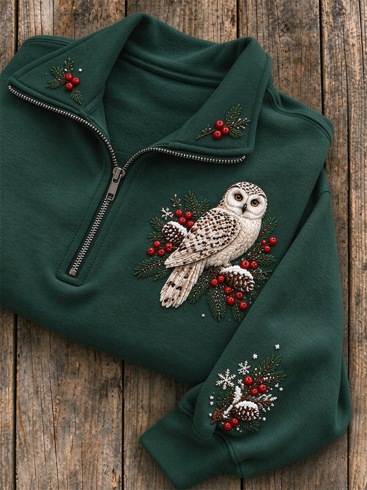 Women's Winter Snowy Snowy Owl On Branch Print Zip Up Sweatshirt gracestitchs